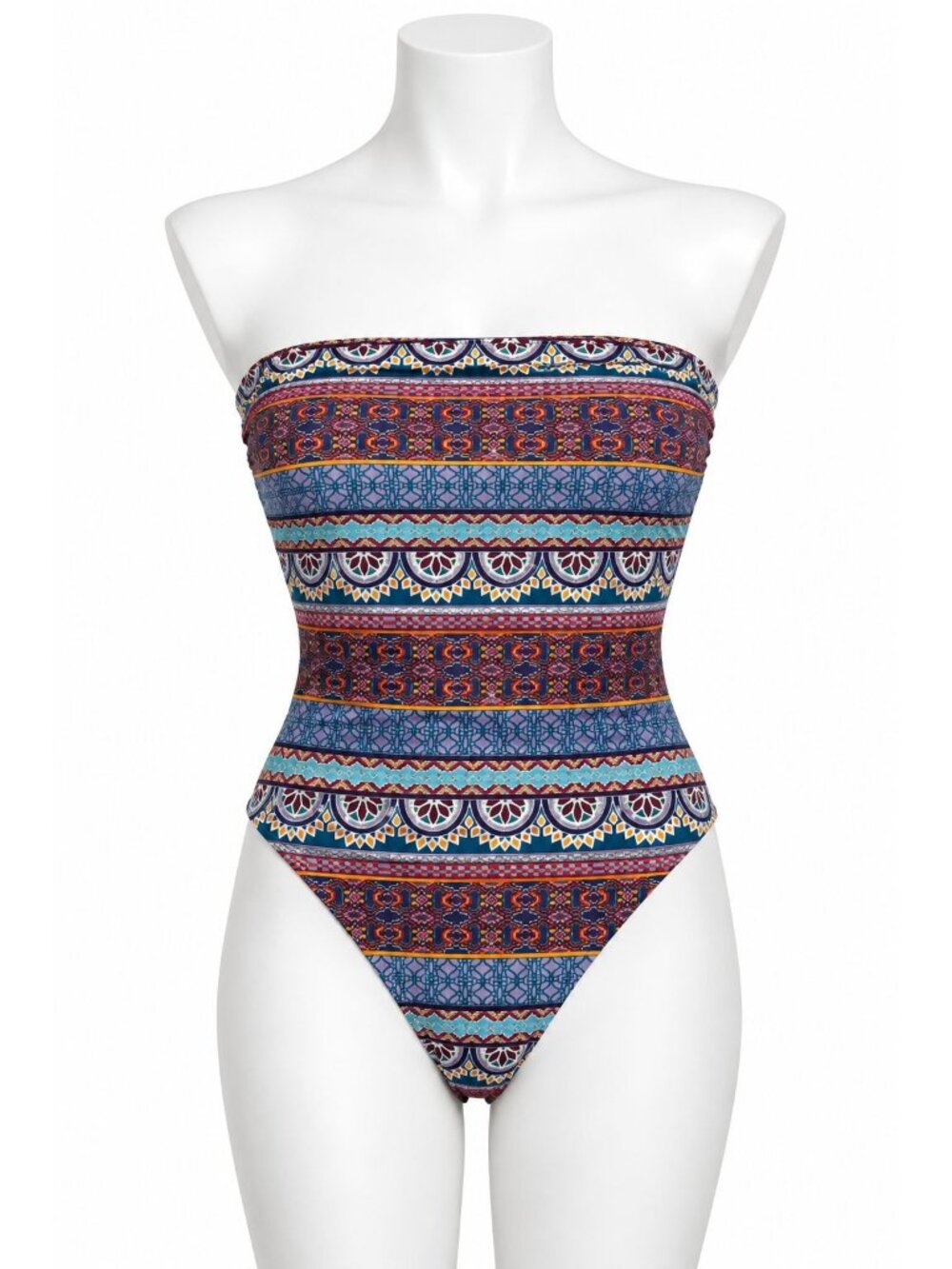 Boho Striped Print High-Waisted One-Piece Swimsuit Womens Medium Open Back NEW